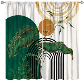 Boho Plant Curtains, Abstract Mid Century Modern Minimalist Geometric Gold Green Plant Leaf Dceor Windows Treatments, Thermal Insulated Drapes For Boys Girls Living Room Bedroom Kitchen 42x45in