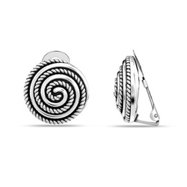 LeCalla 925 Sterling Silver Round Texture Antique Clip On Earrings Non-Pierced Clip-On Stud Earring for Women