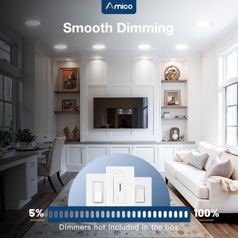 Amico 6 Pack 5 Inch 5CCT Ultra-Thin LED Canless Recessed