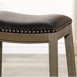 Vivastate Enhance Seating Comfort with 24" Counter Height Saddle Stool, Solid Hardwood Frame, Gray Finish and Black Leather Seat
