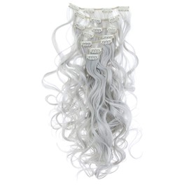 SWACC 7 Pcs Full Head Party Highlights Clip on in Hair Extensions Colored Hair Streak Synthetic Hairpieces (20-Inch Curly, Silver)