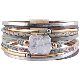 Fesciory Leather Wrap Bracelets for Women, Boho Leopard Multi-Layer Crystal Beads Cuff Bracelet Jewelry (Gray Leather(Pearl))