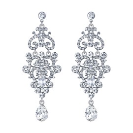 BriLove Wedding Bridal Earrings for Women Crystal Vintaged Drop Hollow Chandelier Filigree Dangle Clear Silver Toned