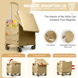 FELICON SELORSS Folding Utility Cart Portable Rolling Crate Handcart with Magnetic Sliding Lid Telescoping Handle Plastic Box Dolly 360°Swivel Wheels for Travel Shop Move Office Teacher(Khaki Pro)