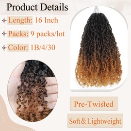 Haftaluv Yanky Twist Crochet Hair 16 Inch 9 Packs Pre Looped Mini Twist Yankee Twist Micro Synthetic Curly Crochet Hair Extensions For Black Women (16 Inch，1B/4/30)