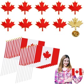 Mini Canadian Flags Set with Flagpoles & Maple Leaf Badges - 20 Flags, 10 Badges, Durable & Vibrant - Indoor/Outdoor Decoration for Celebrations, Parties, Parades