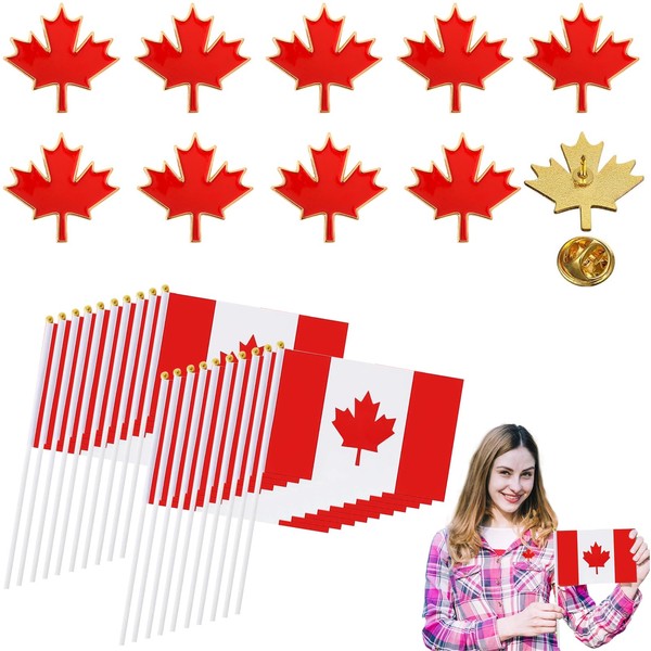 Mini Canadian Flags Set with Flagpoles & Maple Leaf Badges