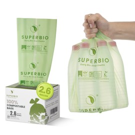SUPERBIO 2.6 Gallon Compostable Flat Top Garbage Bags, 100 Count, 1 Pack, Small Trash Bags, Sturdy Food Scrap Bags Certified by BPI and OK Compost Meeting ASTM D6400 Standards, 9.84L
