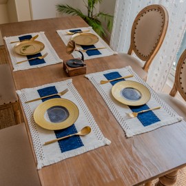 BIPASION Placemats Set of 6 - Natural Cotton Burlap Table Mats, Macrame Décor and Farmhouse Style Placemats for Dining Table Kitchen（Blue/Cream