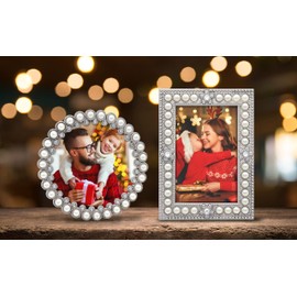 GIFTY GIFTY Beaded Pearl Mini Frame Set/Set of 2 / 2x3 & 2.5x2.5 In | For Tabletop Display | Perfect for Home Decor, Wedding, Graduation, Or Milestone Photos (Silver) Gift Box