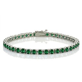 Ice Gems Sterling Silver Created Emerald 4mm Round Tennis Bracelet