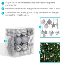 Sunnydaze Deck The Halls 59-Count Shatterproof Christmas Ball Ornament Kit with Hooks - Tree Decorations Set for Holiday Decor and Gatherings - Silver