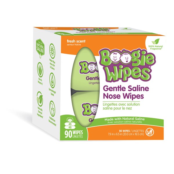 Boogie Wipes, Wet Wipes for Baby and Kids, Nose, Face, Hand and Body, FSA/HSA Eligible, Soft and Sensitive Wipe Made with Natural Saline, Aloe, Chamomile and Vitamin E, Fresh Scent, 45 Count (Pack of 2)