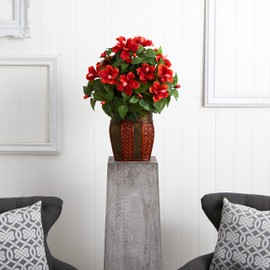 Nearly Natural 6667 Hibiscus with Vase Decorative Silk Plant, Red 30" x 9" x 7.5"
