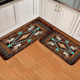 JILANGCA Rustic Southwestern Kitchen Rug Set of 2 Tribal Native American Indian,Washable Kitchen Mat Geometric Cushioned Floor Mats Anti Fatigue Non-Slip Kitchen Runner Rugs,17.7"x47.2"+17.5"x29.5"