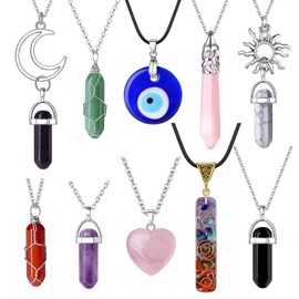 XIANNVXI 10 Pcs Crystal Necklaces for Women Amethyst Evil Eye Chakra Necklaces Moon Sun Rose Quartz Obsidian Healing Gemstone Stone Pendant Necklaces Vintage Reiki Jewellery Mothers Day Gifts