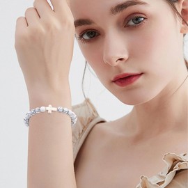 Cross Bracelet- Gemstone Bracelet with Turquoise Beads and Cross Pendant, White Turquoise Bracelet, Baptism Communion Natural Stone Bracelets (White Turquoise)