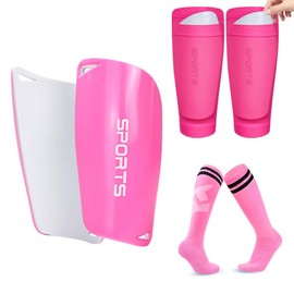 FDEETY Football Shin Pads Including Stocking with Slip Pocket and Non-Slip Lid Football Socks for Children Adults Boys Girls 3 Sets Pink Child