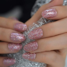 Light Pink Oval Nail Art Tips Mix Glitter Short Ladies Pigment Fake Nails Grace Lady EchiQ Brand Designed Faux Nail