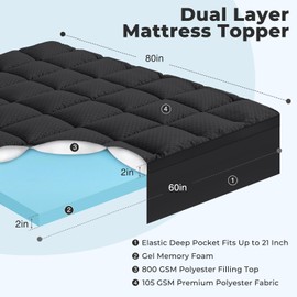 OLANLY Dual-Layer 4 Inch Queen Size Memory Foam Mattress Topper for Back Pain, 2 Inch Cooling Pillow Top Mattress Pad Cover and 2 Inch Gel Memory Foam Topper, Deep Elastic Pocket, Black