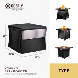 COSFLY Heavy Duty Fire Pit Covers Square Waterproof 28x25 Inch, Tear-Resistant Triple-Layer Reinforced Oxford Fabric with Adjustable Straps Fits for 24-28 Inch Fire Table, Black &Grey