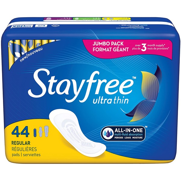 Stayfree Ultra Thin Regular Pads For Women, Wingless, Reliable Protection and Absorbency of Feminine Moisture, Leaks and Periods, 44 count - Pack of 4