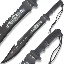Black Legion Jungle Hunter® Machete with Nylon Sheath and Lanyard Cord | Stainless Steel Blade | Sawback Blade | Non-Reflective Black Coating | ABS Handle | Hacking and Chopping Tool | 25" Length