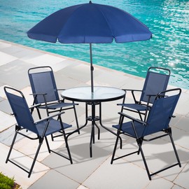 Shintenchi 6 Piece Patio Dining Set with Umbrella, Outdoor Furniture Set with 4 Folding Chairs and Tempered Glass Top Dining Table fot Lawn Backyard Garden Porch Blue