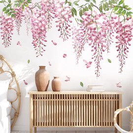 decalmile Pink Flower Vine Wall Decals Hanging Wisteria Floral Vines Branches Wall Stickers Bedroom Living Room Sofa TV Background Wall Decor