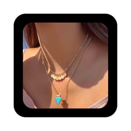 IRCOMULTI Boho Layered Turquoise Choker Necklace Gold Disc Chain Necklace Triangle Turquoise Pendant Necklace Round Disc Coin Necklace Jewelry for Women
