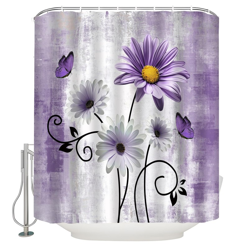 UPUMKSK Purple Daisy Shower Curtain Floral Butterfly, 70" W x