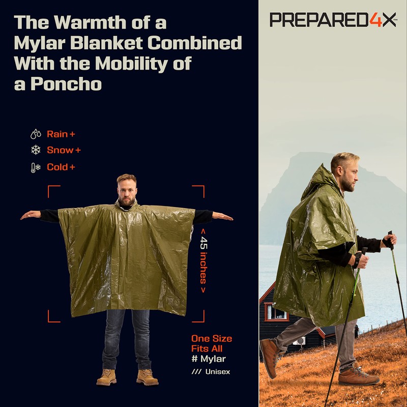 PREPARED4X Emergency Poncho with Mylar Blanket Liner – Heavy Duty,