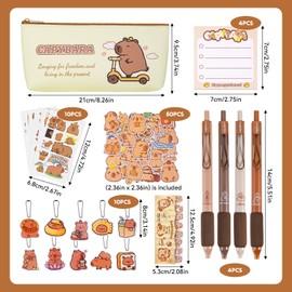 Capybara Stationery Set, Include 1Pcs Capybara Pencil Case, 4Pcs Gel Ink Pens, 10Pcs Keyrings,10 Sheets Temporary Tattoos, 200Pcs Sticky Notes,50Pcs Stickers,120Pcs Index Stickers for Kids Students
