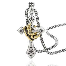 SAMIQU Elegant Cross Necklace for Men， Cross Pendant Necklace– Stainless Steel Chain with Detachable Crown Pendant