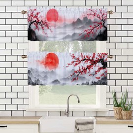 CAIJXIONG Japanese Cherry Blossoms Valances for Windows 2 Pack Mountains Trees Red Sun Decoration Window Valances Curtains Drapes for Kitchen Bedroom Window Treatment Valances 54x18 inch