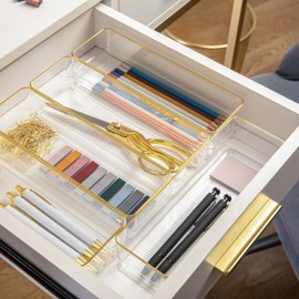 Martha Stewart Kerry Plastic Stackable Office Desk Drawer Organizers, 12" x 3", 6 Pack, with Gold Trim