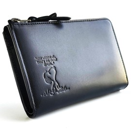 Peanuts 90942 Snoopy Wallet, Himeji Leather, Genuine Leather, Middle Size, Bi-fold, L-Shaped Zipper, Adult, Black
