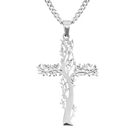 Flongo Cross Necklace Tree of Life Cross Pendant Men's Necklace Women's Necklace Stainless Steel Silver Chain Cross Tree of Life Necklace Elegant Accessories for Men and Women, Stainless Steel