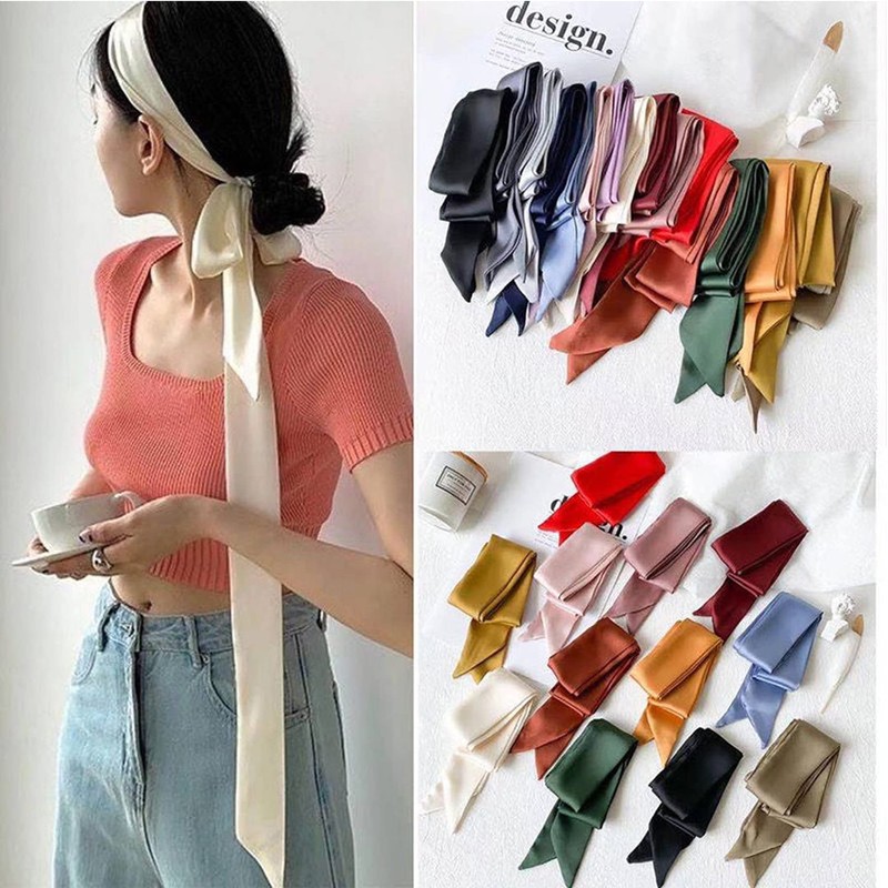 GUZOSJO Solid Color Long Neckerchief Pure Skinny Scarf Necktie Handbag