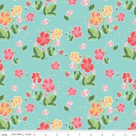 Riley Blake Strawberry Honey Floral Fabric, Aqua Background, Cotton Quilting Material by The Yard
