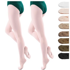 DANCEYOU Dance Tights for Women 2 Pairs Convertible/Footed Girls' Ballet Tights Opaque Leggings for Toddler, Kids and Adults, Pale Pink L