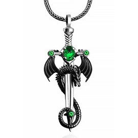 DGP Mens Sterling Silver Dragon Sword Pendant Necklace (Green), Sterling Silver, Silver