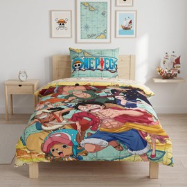 MTOnlinehandel One Piece Bed Linen 135 x 200 cm, Manga Pirate Set Duvet Cover 135 x 200 cm + Pillowcase 80 x 80 cm, Anime for Children and Teenagers Made of Microfibre, Comfortable and Soft
