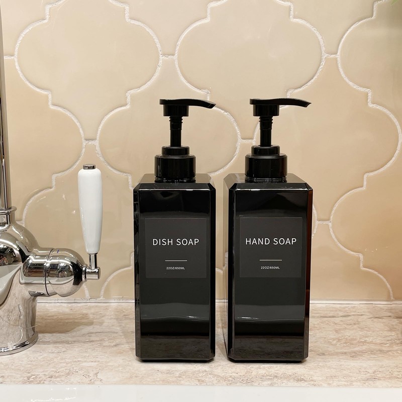 Black Soap Dispenser with Waterproof Labels, Thickened Plastic Hand Soap