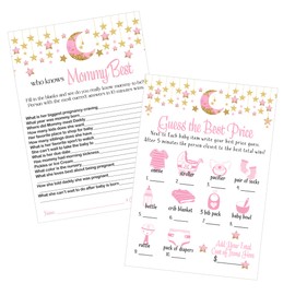 Paper Clever Party Twinkle Little Star Baby Shower Games for Girls, Who Knows The Mommy Best Guess The Price Right, Pink and Gold, Double Sided Cards, 5x7, 25 Each