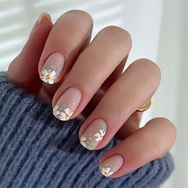 Flower Press on Nails Short Square Fake Nails 24pcs French Tip False Nails with Floral Designs Pink Glue on Nails Glossy Small Daisy Flower Acrylic Nails Spring Artifical Stick on Nails
