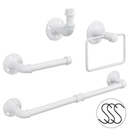 Jeasor 4-Pieces Industrial Pipe Bathroom Towel Ring Kit DIY Wall Mount Accessories Kit Includes Robe Hook Towel Bar and Towel Ring (White 18 inch)