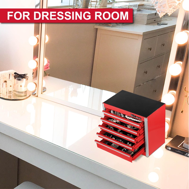 P.I.T. Mini Red Tool Box, Portable 3 Drawer Steel Stackable