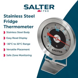 Salter 517 SSCR Fridge Thermometer – Stainless Steel Large Dial Temperature Gauge, Waterproof Freezer Thermometer, Easy Read, Hang Up Or Stand, Temp. Range -30 To 30°C, Safe Food Zones Markers