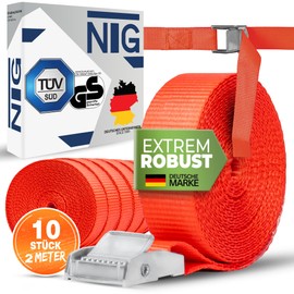 Pack of 10 | 250 kg | 2 m | Tie Down Straps with Clamping Lock | 25 mm | Clamping Lock Strap | Mounting Straps | DIN EN 12195-2